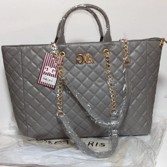 Gilda Paris Large Quilted Tote Bag Grey Vegan Leather and Gold Accents - Picture 4 of 8